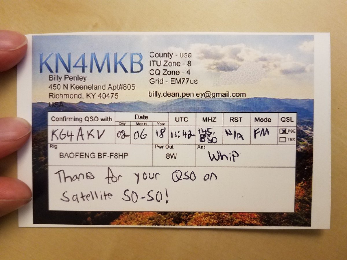 SpaceComms1's tweet photo. He got his license exactly one month before I contacted him on SO-50! Listen for the new guys! #amsat #kn4mkb https://t.co/zea4hBqWBA