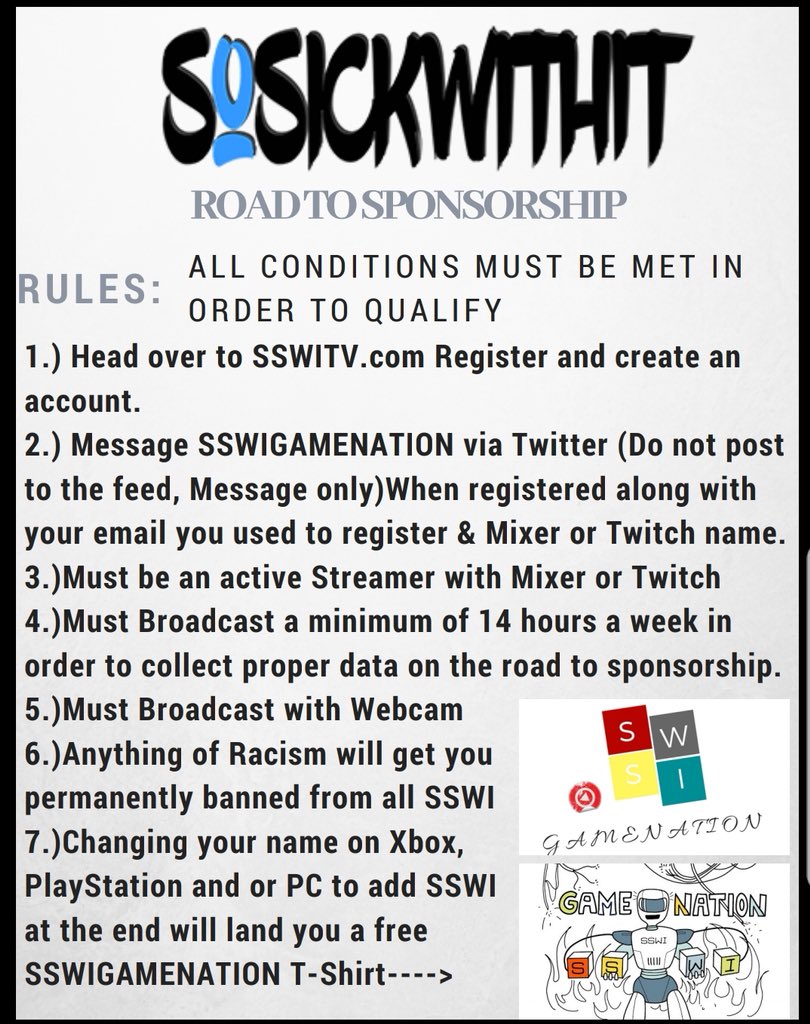 SSWIGameNation's tweet photo. We’re proud to present... Road to SSWI SPONSORSHIP🔥🔥🔥 Please READ Carefully below

Good Luck to you all👍 

#sswigamenation
#neverstopgaming
#sswitv https://t.co/FxaTLzUDQU