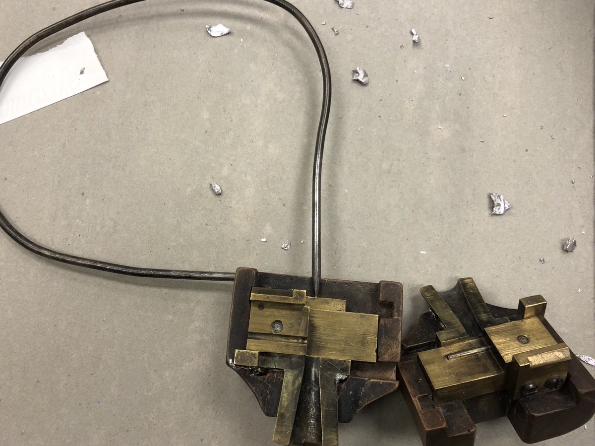 Yoojung1988's tweet photo. A matrix, a punch, a piece of cast type with the jet. The hand mold #bookhistoryworkshop #cushingmemoriallibrary https://t.co/qhcAPYU00j