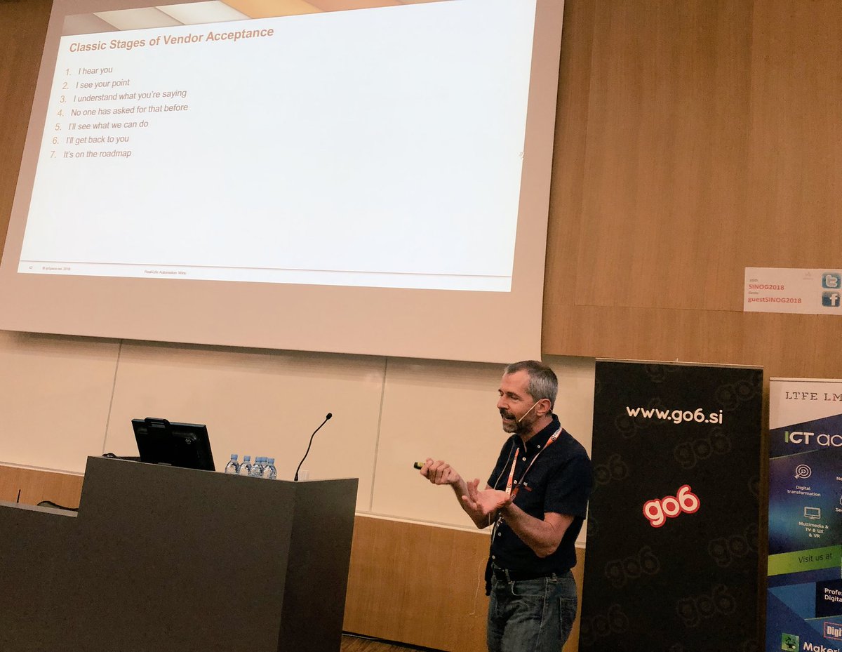 ngoburdhan's tweet photo. fantastic, humourous, and grounded-in-reality keynote on real-life automation wins at #sinog-5.   here is @ioshints explaining the 7stages of vendor acceptance... https://t.co/astB911GwR