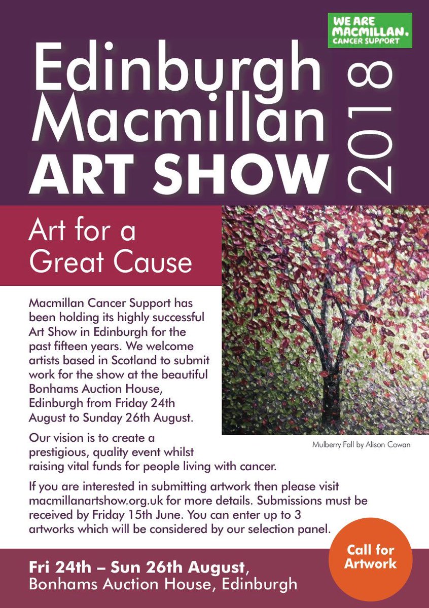 LauraEMForeman's tweet photo. We are looking for #Scottish #artists to submit their work to our up and coming #Edinburgh @MacArtShow ​. The deadline for submissions is Friday 15 June 2018 and you can apply by clicking on the link https://t.co/p2GbSbVRFr please RT!! https://t.co/5JtmrDylxa