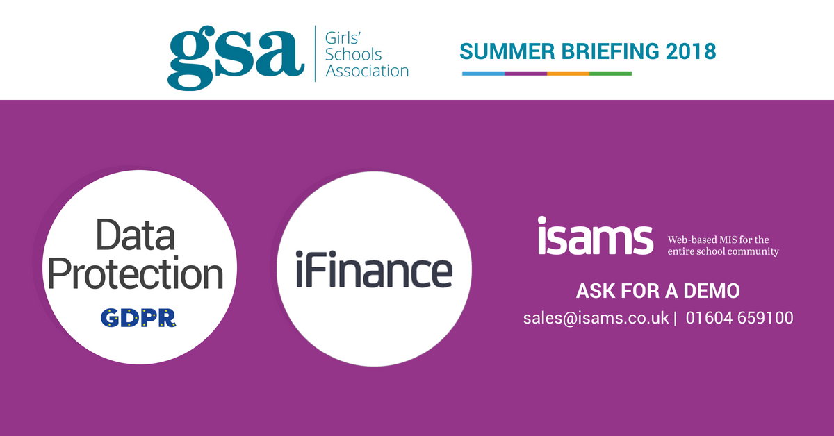 iSAMS's tweet photo. Excited to be attending the @GSAUK Summer Briefing 2018! Come chat to us about our Data Protection module to support GDPR, and iFinance - an integrated fee billing and online accounting solution. #GSASummerBriefing #GDPRSchools #SchoolDataProtection #SchoolMIS https://t.co/IWBcPPSPnF
