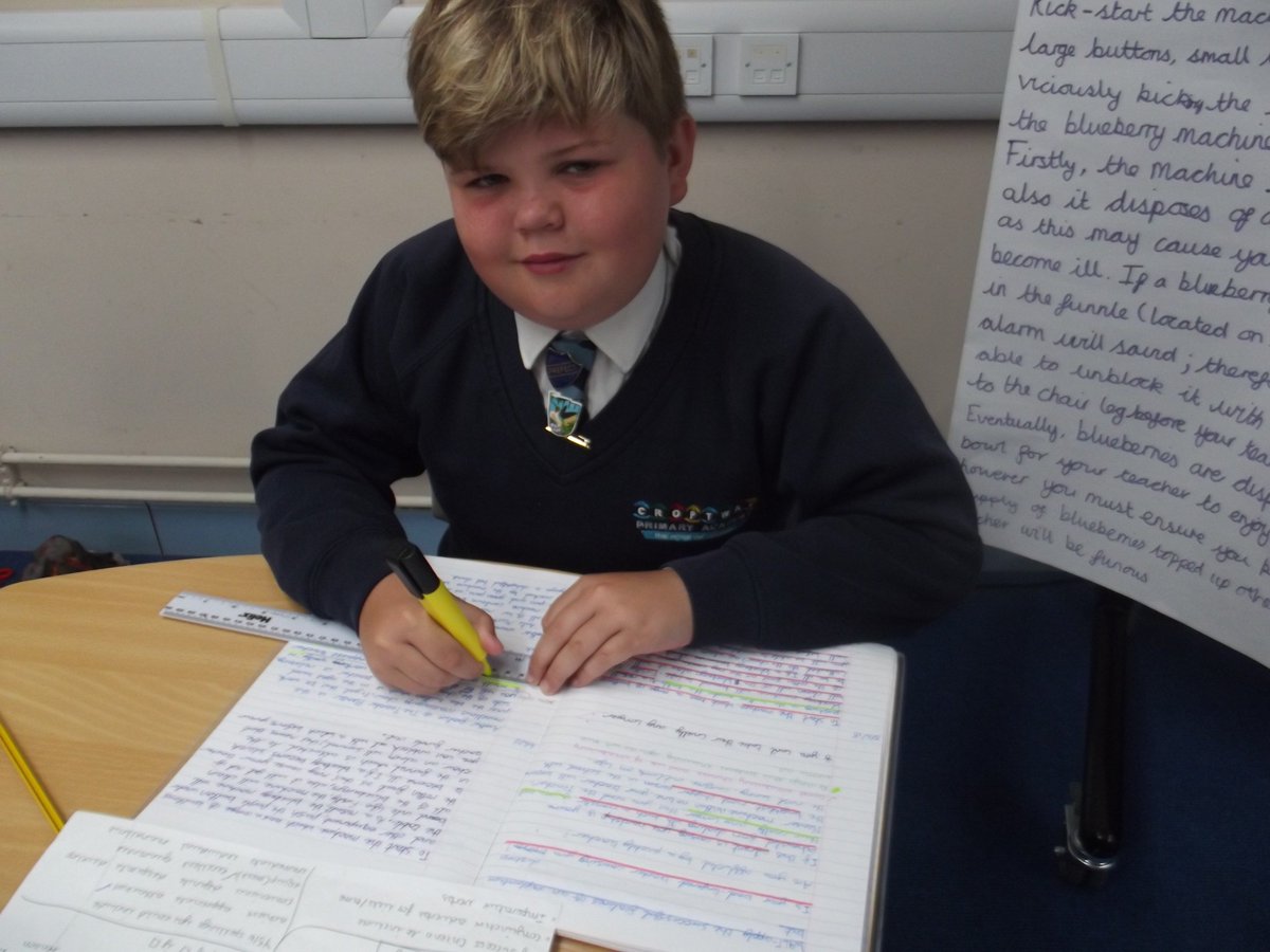 CPAMissHamill's tweet photo. In Year 6H @CroftwayPrimary we are reflective learners. Today, we are self marking part of an explanation text based on the @PieCorbett text the 'Teacher Pleaser'. Let us know what you think. 6H. https://t.co/3stLZbuBbm