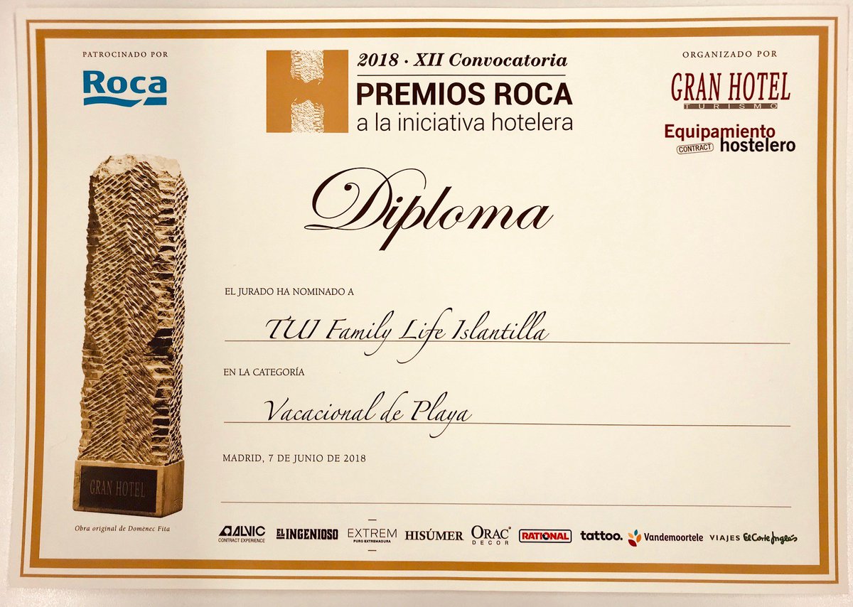 AdhHoteles's tweet photo. Damos la enhorabuena al resort @TUIIslantilla por recibir la nominación a los Premios ROCA a la iniciativa hotelera en la categoría a mejor hotel Vacacional de Playa. #FamilyLife #Islantilla #PremiosRoca https://t.co/didSp9mRFW