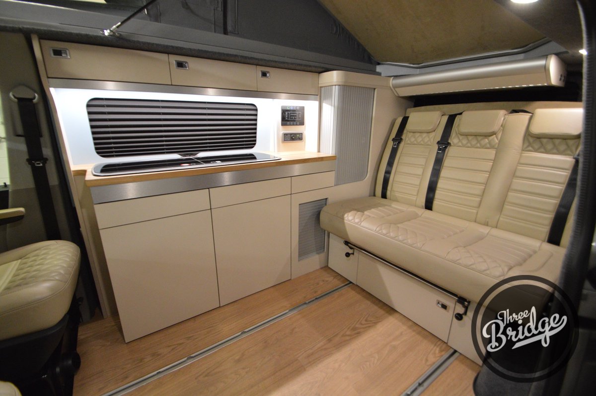 Trek_RV's tweet photo. Lovely looking SWB Tourer with Reimo bed, Webasto Evo heater, rear shower and some custom furniture work. #threebridgecampers #vwcamper #3bridge #webasto #gastank #waeco #sca #vwt6 #dometic #smev #leather #reimo https://t.co/LacMb7Cy4z