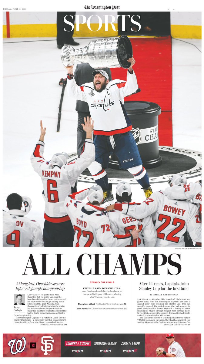 PostSports's tweet photo. "ALL CHAMPS"

Tomorrow's @PostSports front page. 

📷 by Jonathan Newton
🎨 by @vsingarayar
📰: https://t.co/o2GBP5RmCv

#ALLCAPS #StanleyCup https://t.co/ajnU0dT4bV