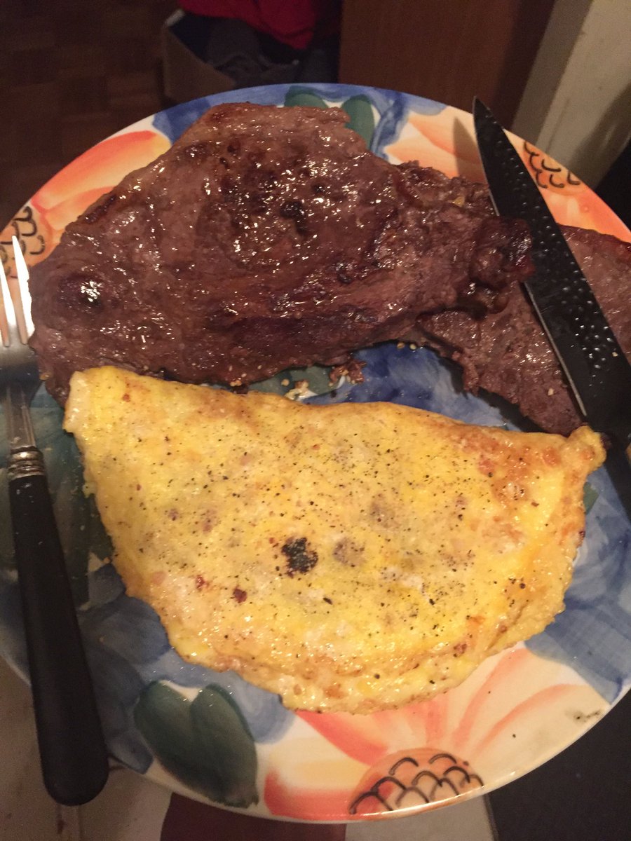 keto_lion's tweet photo. Cheese omelet an two strip loins puts a smile on my face. #keto #ketodiet #steakandeggs #ketocarnivore #lchf #oftak https://t.co/W9TCA5gIqD