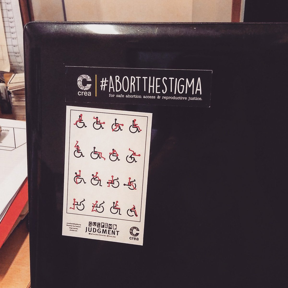 ThinkCREA's tweet image. Quite liking our new stickers of #abortthestigma (on safe #abortion access) &amp;amp; #suspendjudgment (on inclusionary #feminist mvmts). Pick one up next time you attend a CREA institute or event. [Wheelchair courtesy of streetsie.com from sexualityanddisability.org]