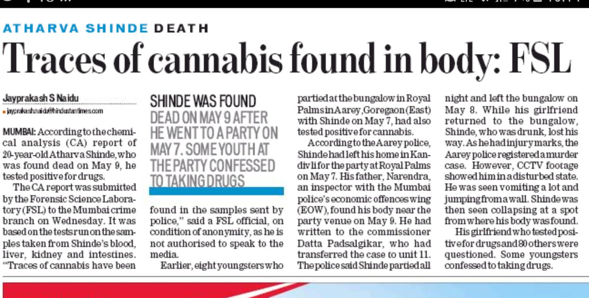 The #FSL #chemicalanalysis report of Atharva Shinde has tested positive for cannabis. The FSL believe the cannabis could be a reason for his #Euphoria #vomitting #royalpalms #raveparty #drugs #contraband #cannabis #ndps #addiction #harmful #dangerous #healthissues #mumbai #aarey