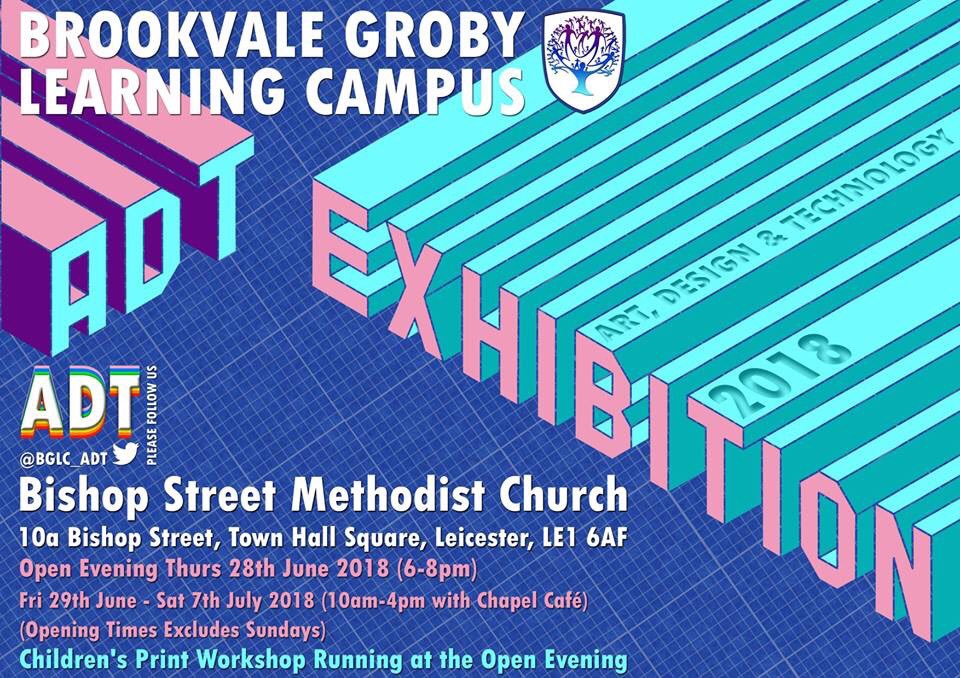 Showcasing the excellent work of our y7-12 students; the ADT Exhibition: Open evening Thurs 28th June 6pm - 8pm, Fri 29th - Sat 7th July 10am - 4pm (excluding Sunday) at Bishop Street Methodist Church, Town Hall Square, Leicester