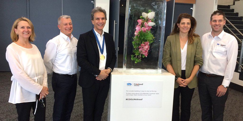 COLORBONDsteel's tweet photo. Congratulations Alec Tzannes AM (founding director of TZ Architecture) on receiving the @AusINSArchitect 2018 Gold Medal.
Jennifer Cunich (AIA CEO), David Mawby, (@BlueScopeAus), Alec Tzannes, Claire Cousins (AIA National President) and Thomas Tyndall (@BlueScopeAus) https://t.co/dgGmh9rPo5
