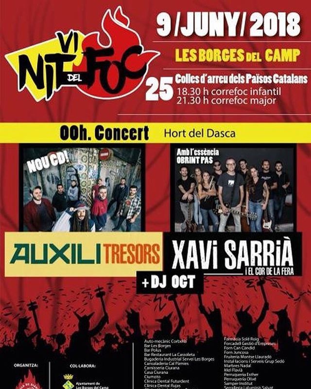 Demà VI Nit del Foc a les #BorgesDelCamp amb <a href="/xavisarria/">Xavi Sarrià 🇵🇸</a>, <a href="/auxili/">Auxili</a>.oficial i @djogt a partir de les 00:00h! altav.eu/2xVd6Ja