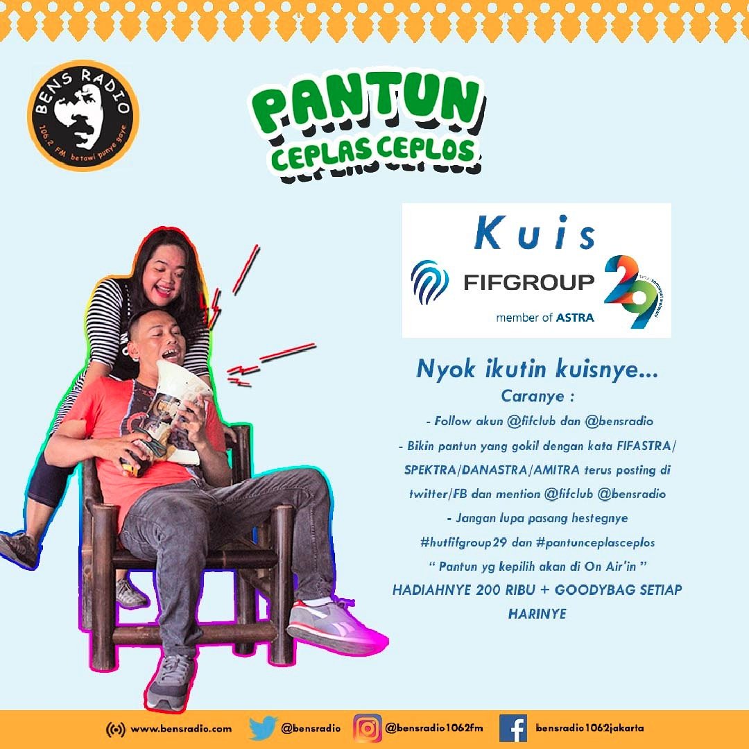 bensradio1062fm's tweet photo. Siapin pantun gokilnye pake kata "IBADAH' #pantunceplasceplos #hutfifgroup29 paswordnya AMITRA ''pembiayaan syariah @fifclub @bensradio1062_fm ada voucher belanja 200rb & goodybag https://t.co/a4SPrKv2aa