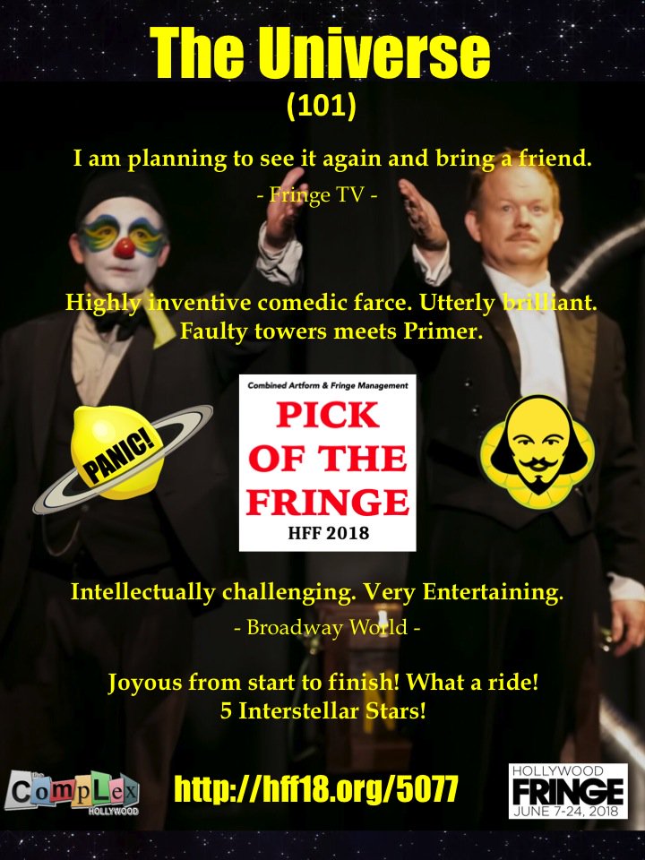 universe101show's tweet photo. The Universe (101) been nominated for PICK OF THE FRINGE! 8 shows to go. Get your tickets at https://t.co/XLuzcL85KJ
#norbutyetso #comedy #farce #nerdnite #hff18 https://t.co/wKYTqhdi8i