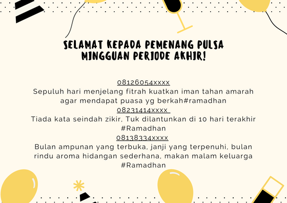 PopCallTsel's tweet photo. Selamat kepada pemenang Pulsa Periode Terakhir!!! Pemenang GrandPrice akan di umumkan pada hari senin mendatang yaaa PopCallers! #ramadhan #pulsa #berbagi #telkomsel #popcalltelkomsel https://t.co/2AprY8M5e8