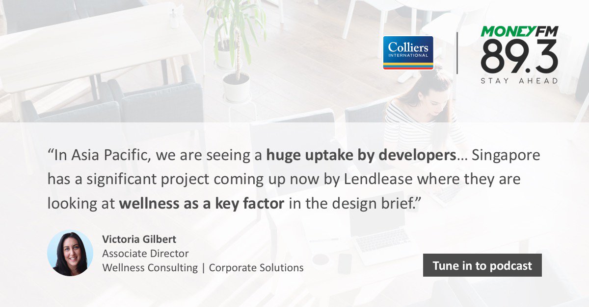 Colliers_SG's tweet photo. Why is it important for #office developers and occupiers to implement #wellness initiatives into the built environment? Tune in to @moneyfm893 as Colliers' Victoria Gilbert shares more: https://t.co/zN2Yzn6oDv #CREateWellness https://t.co/XpZDowSuOn