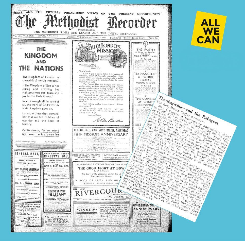 allwecanuk's tweet photo. In 1938, @MethRecorder published a letter calling on Methodists to support an appeal to aid refugees escaping Nazi persecution. This appeal letter marked the beginning of the Methodist movement that All We Can evolved from. Read more in today's #MethodistRecorder https://t.co/eUZPtMfGPE