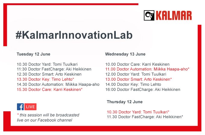 Kalmarglobal's tweet photo. Here you can see the full schedule of our TOC Europe #KalmarInnovationLab sessions. You can either join in person at out main stand F50 or follow the selected sessions live on our Facebook channel (all times CET). Hope to see you next week! @TOCWorldwide https://t.co/thXeIRruvu