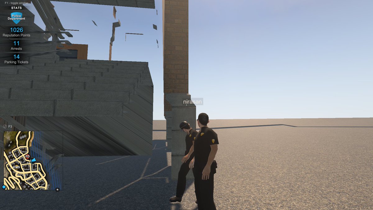 3adam15's tweet image. #FlashingLightsGame マルチ。

1枚目：運行前点検風
2,3枚目：警察署の中に謎の内装が透けて見えるがまだ行けない
4枚目：バグ。2台のパトカーの前に一人いるが、自分には見えていない。もう一人には見えている。