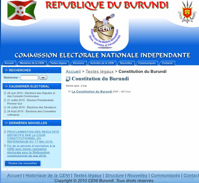 iburundi's tweet photo. #Burundi—Since earlier this week, CENI took offline Nkurunziza's constitution (draft), now only the 2005 Constitution is shown on the website. There are unconfirmed reports that what Nkurunziza signed yesterday is different from what was published by CENI as a draft. https://t.co/SBN8SHKx5t