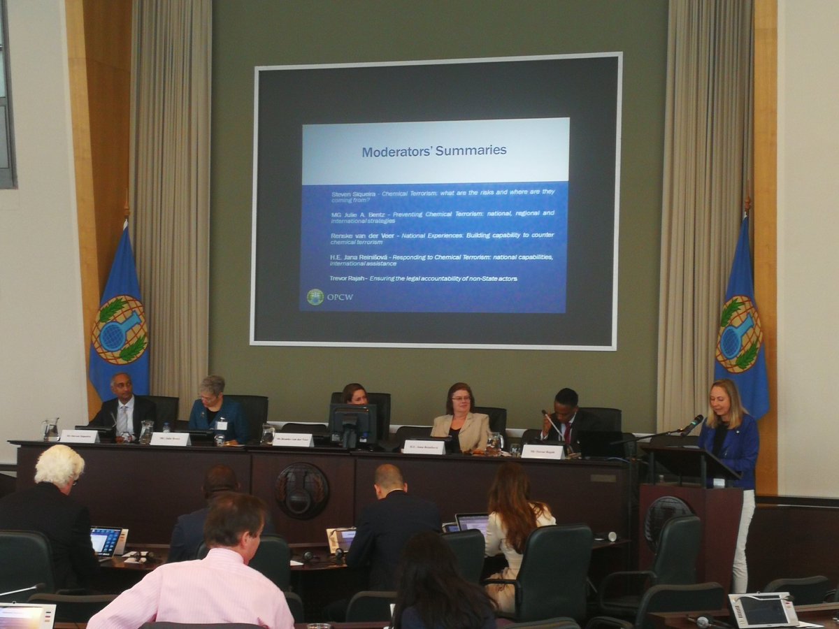 alexghionis's tweet photo. The 5 moderators sum up the huge distance covered over the last two days, exploring what chemical terrorism is, how to prevent and respond to it, and how to hold perpetrators accountable. Some excellent evaluations, insights and ideas: stay tuned for the report! #OPCWCT #OPCW https://t.co/zoZWA84b2I