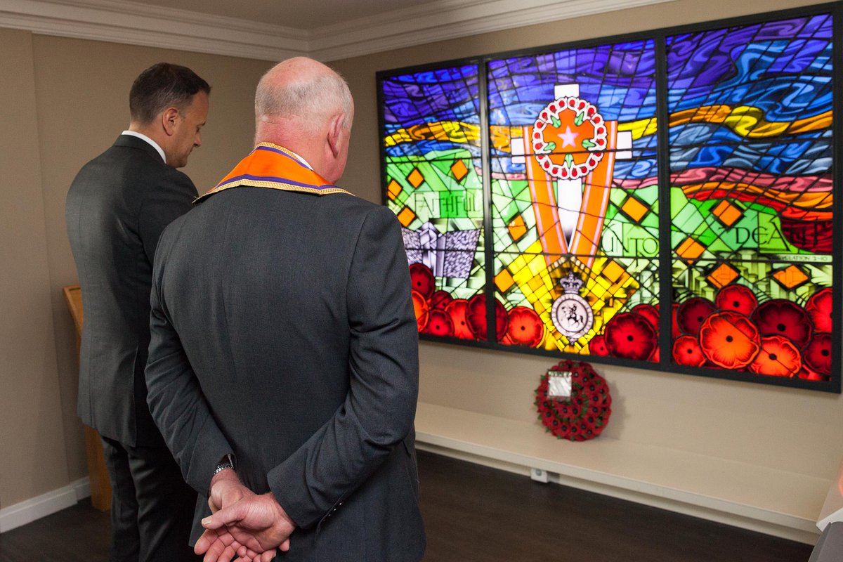 Taoiseach @campaignforleo paying his respects with <a href="/GOLIGrandMaster/">Edward Stevenson</a> at the murdered brethren memorial window during his visit to <a href="/OrangeHeritage/">Orange Heritage</a>