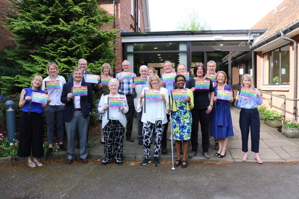 jrf_uk's tweet photo. We're busily getting ready for @YorkPride tomorrow! In these pics you can see @theJRHT Board &amp; members of our LGBTPlus network with their Pride flags - and a  montage of rainbow flags at our different sites around the city. Should be another great day. See you there? #YorkPride https://t.co/kPk2BZJea6