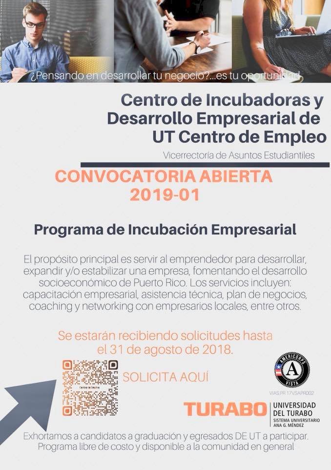 NegociosTurabo's tweet photo. El Centro de Incubadoras y Desarrollo Empresarial del Centro de Empleo de la Universidad del Turabote ayuda a desarrollar, expandir o estabilizar tu negocio. Entra aquí y solicita: https://t.co/p7fwqFFYJA #Turabo https://t.co/j8XWTfvGdr