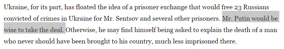 Does #Putin care if Sentsov dies right during the <a href="/FIFAWorldCup/">FIFA World Cup</a>? Sentsov is a stubborn man who may go to the very end... 

Western leaders should think twice before heading to #Russia.

WaPo editorial: wapo.st/2sPYC7s?tid=ss…

#FreeSentsov #SaveOlegSentsov #FIFAWC2018