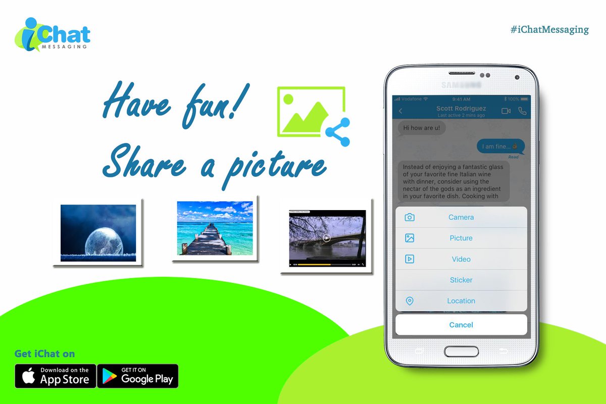 ichatmessaging's tweet photo. Here's a reason to love sharing! iChat Messaging allows you to send upto 100mb of pictures, video clips and files in an instant, without any difficulties. Amazing! 

#iChatMessaging #MobileApp #Messaging #SharingPictures #Files #Chat #Call #Friends #Fun https://t.co/twGfHPHVmy
