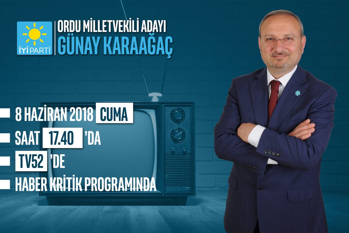 2. Sıra Vekil Adayımız Veteriner Hekim Sn. Günay Karaağaç bugün saat 17:40 TV52’de Haber Kritik Programının konuğu olacaktır. #İYİParti #YüzünüGüneşDönTürkiye
