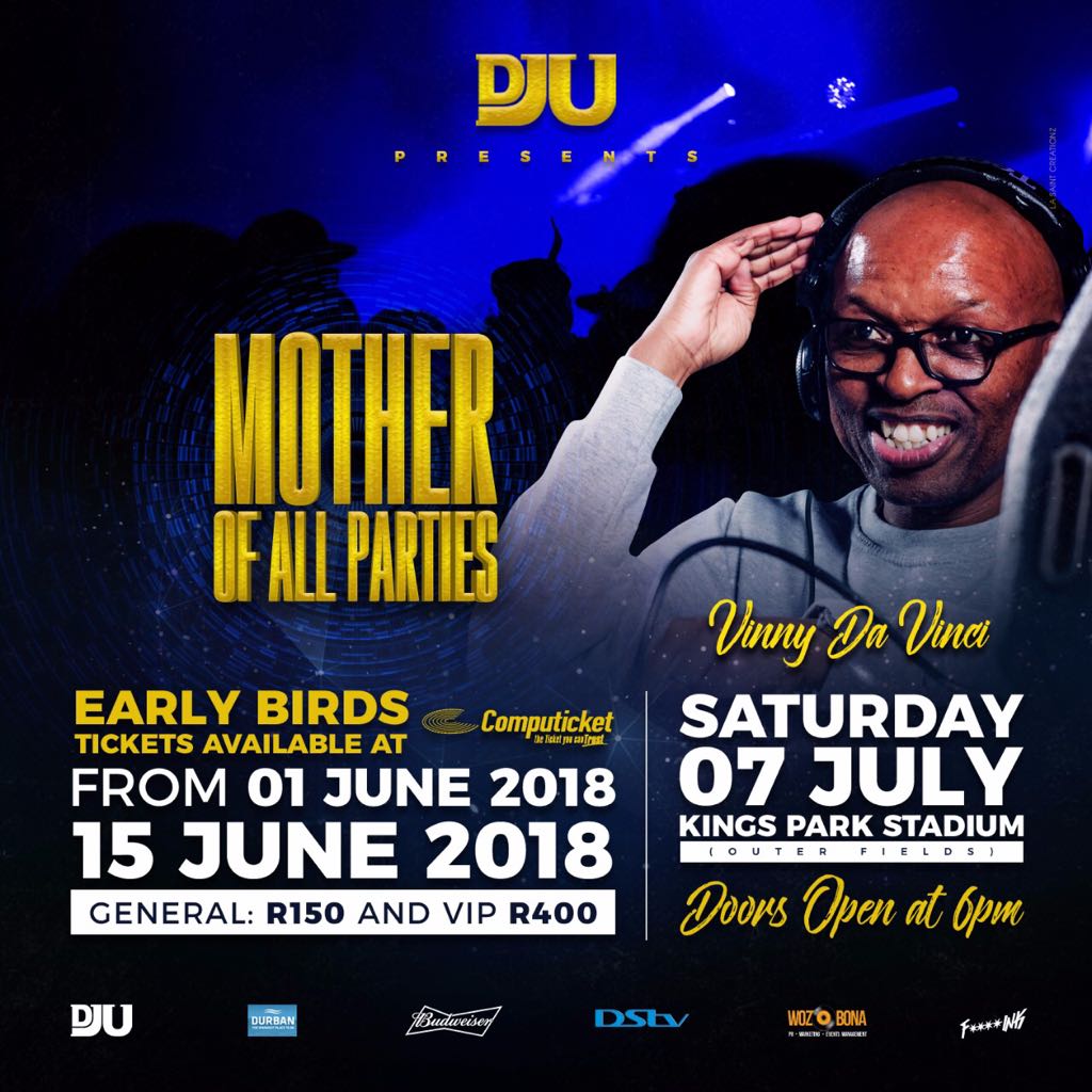 Sbuvava's tweet photo. DJU @DJFreshSA @VinnyDaVinci @GregMaloka @djchristossa &amp; @OskidoIBelieve presents: THE MOTHER OF ALL PARTIES this Durban July @ KINGS PARK STADIUM

#DJUMotherOfAllParties tickets available at Computicket now from R150 https://t.co/wBqF012tLh