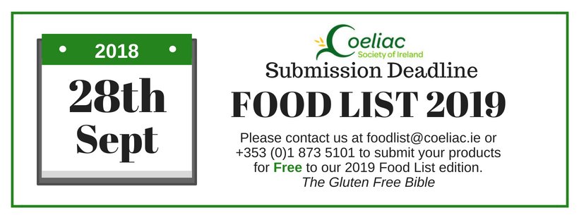 Save the Date! Submit your #foodanddrink naturally and specially produced #glutenfree products to enter the #foodlist2019. It's FREE!!  #SaveTheDate #coeliac #glutenfreeproducts #irishfoodproducers #foodindustry #foodie #food #glutenfree #coeliacdisease #FreeListings