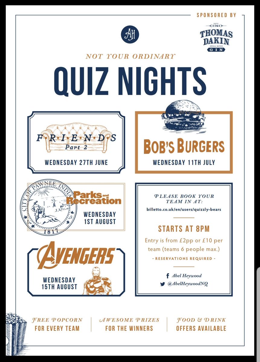 Let's get quizzical! <a href="/QuizzlyBears/">Quizzly Bears</a> have a brand new line up of themed quizzes waiting for you! Get tickets here: billetto.co.uk/users/1176126 #Manchester #Quiz #friends #bobsburgers #Avengers #ParksAndRec