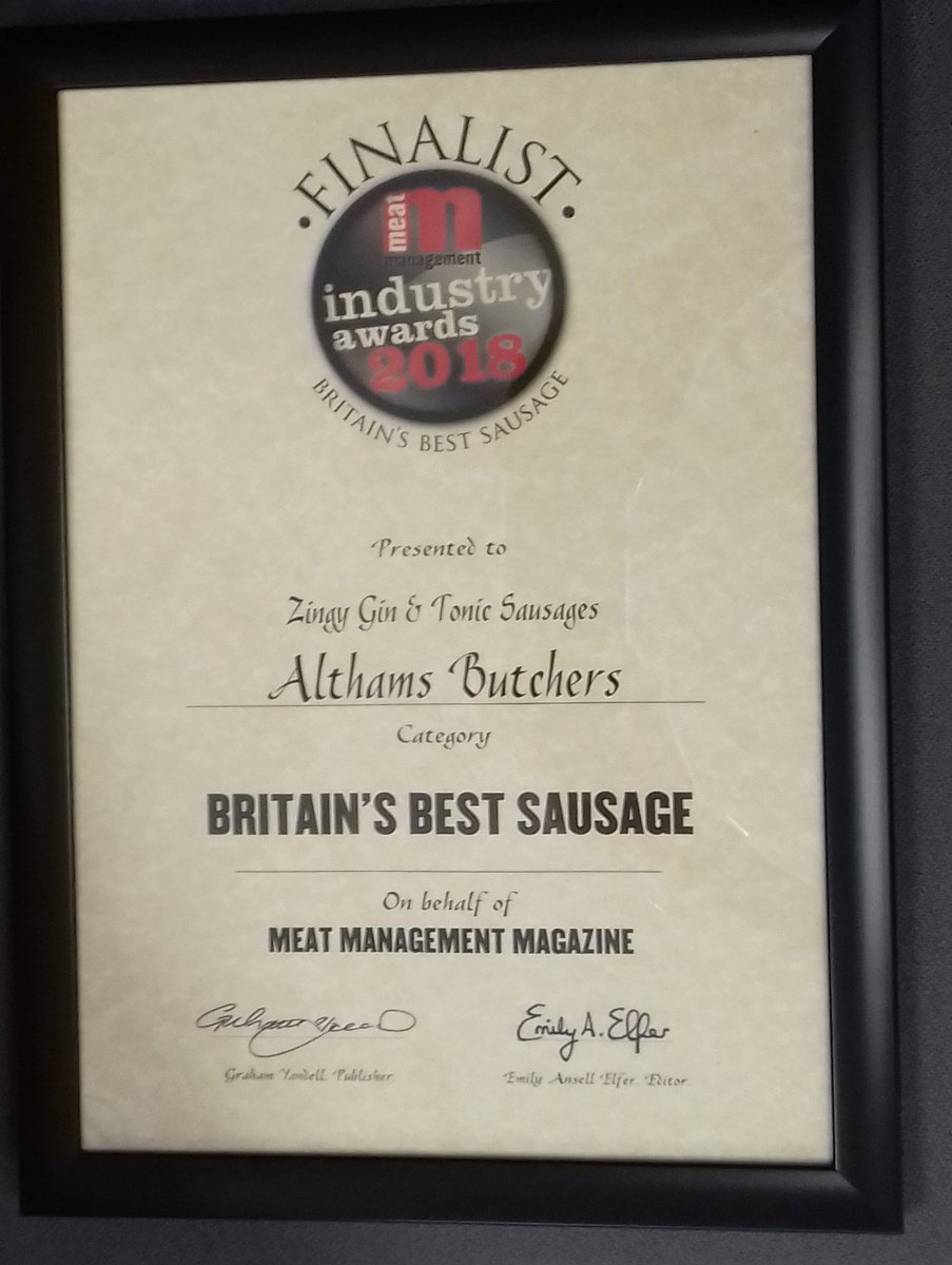 Althamsbutchers's tweet image. WE'VE BEEN CERTIFIED!!
Proud to hang up our Meat Management Finalist Award
for our G &amp;amp; T sausages!!

#sausages #trythem #cocktailhour @MeatManagement @CuckooGin