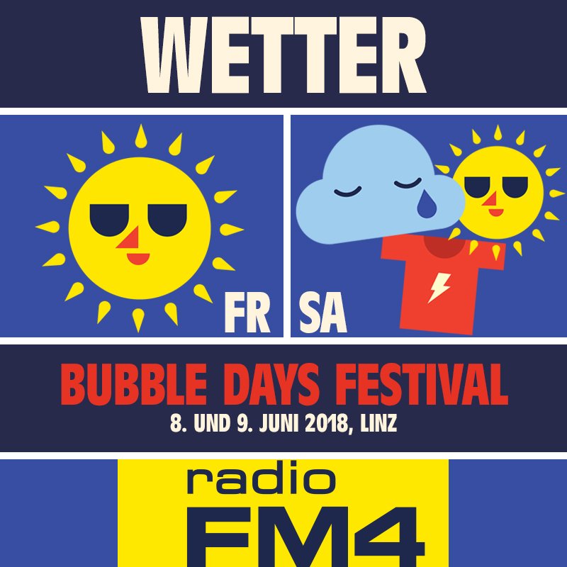 radiofm4's tweet photo. Das Wetter bei den #BubbleDays in Linz: Heute wirds am Linzer Hafen sehr warm mit Temperaturen bis 28 Grad, morgen wirds sogar bis zu 30 Grad heiß, aber die Gewittergefahr steigt. Der ein oder andere Gewitterschauer ist also möglich. https://t.co/kVH6a6TNv0