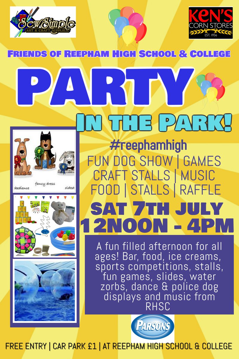 ReephamHigh's tweet photo. Date for the diary! Friends of RHSC @ReephamHigh @ReephamCollege Party in the Park Sat 7th July - see poster for details. #funfilledafternoon #RHSC2018 https://t.co/wi4R1e4pDr