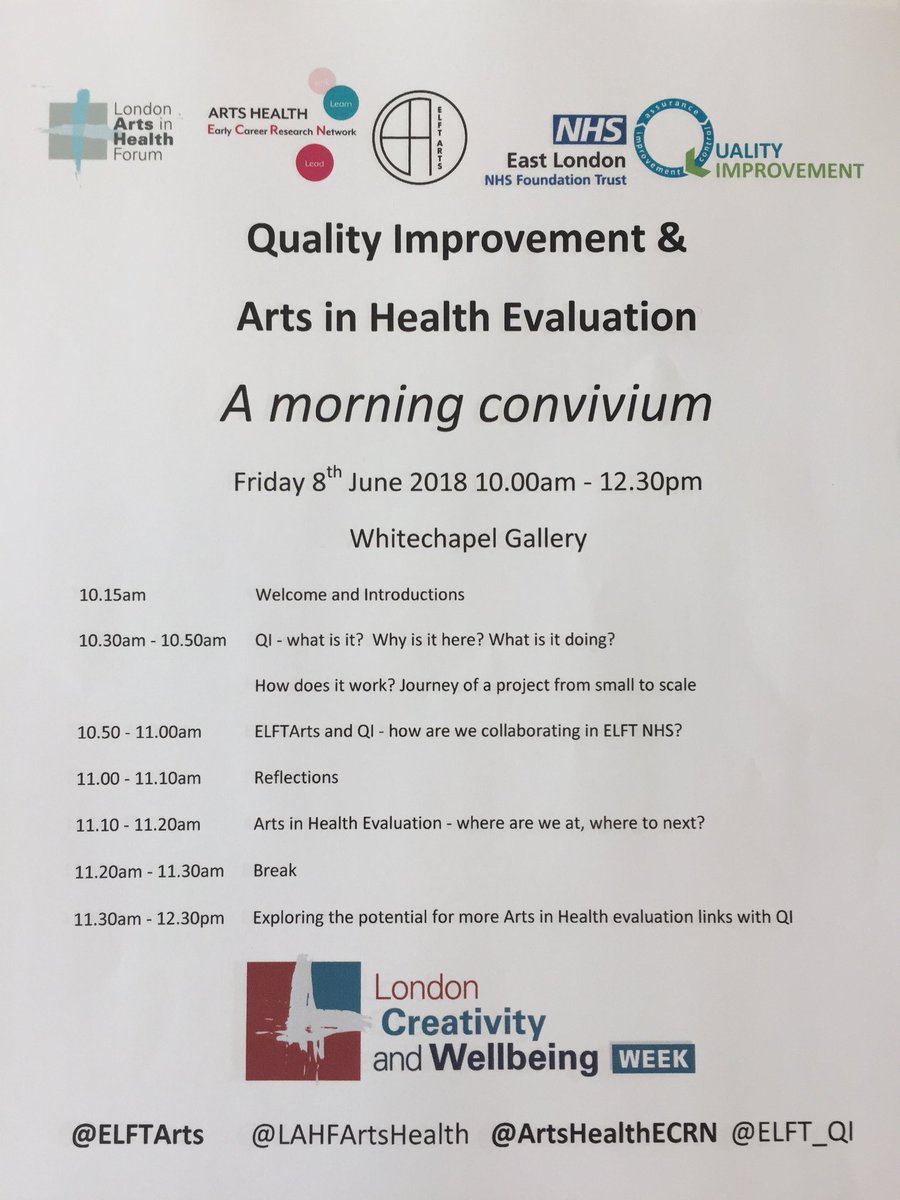 @LAHFArtsHealth @ArtsHealthECRN @Daisy_Fancourt @DamianHebron @ELFT_QI so pleased to have you all @NHS_ELFT this morning! #artsinhealth @TheIHI