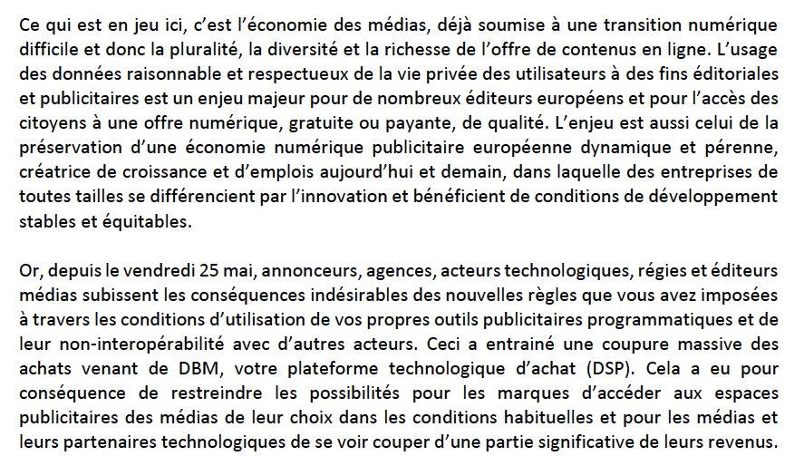 Le marché pub fustige Google : @UDA_annonceurs <a href="/SRI_France/">SRI</a> @IABFrance <a href="/geste/">GESTE</a> demandent audience <a href="/Adlc_/">Autorité de la Concurrence</a> (Autorité de la concurrence) &amp; au secrétaire d’Etat <a href="/mounir/">Mounir Mahjoubi</a> Mahjoubi pour les alerter sur la "dépendance" et "les effets collatéraux" de l'interprétation du RGPD par Google (cp)