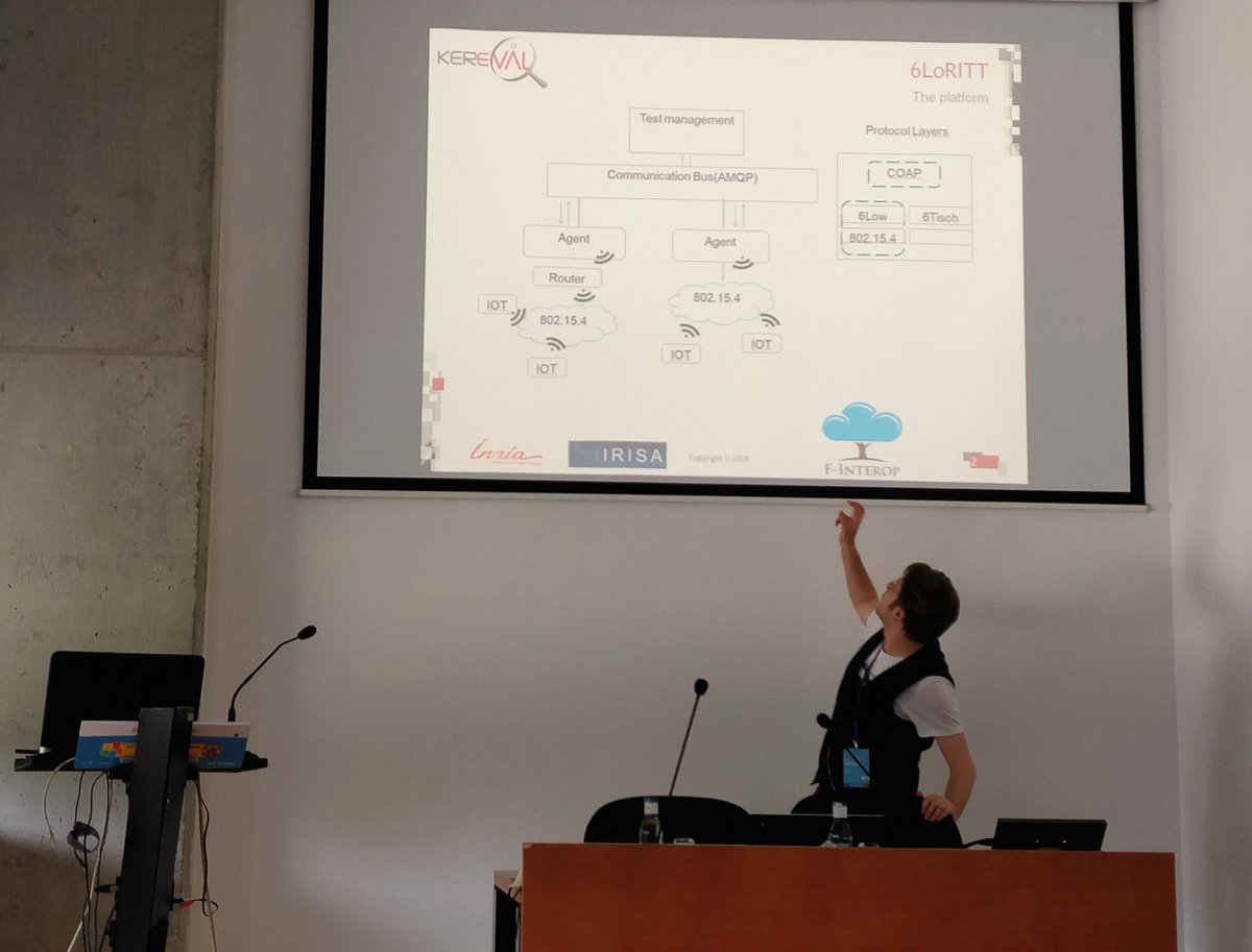 Great demos from #OpenCall contributors using <a href="/FInterop/">F-Interop</a> during #IoTWeek2018 workshops! 
<a href="/Kereval/">Kereval</a> demoing their 6LoWPAN remote #interoperability testing tool, already integrated into our platform. More tools coming soon. 
A great week behind us, looking forward to #IoTWeek2019