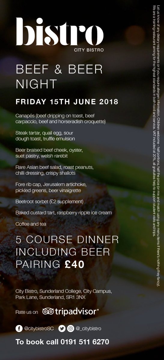 Beef &amp; Beer Night <a href="/_CityBistro/">City Bistro</a> Friday 15th June - Places are filling fast so please call us to avoid disappointment. Reservations can be made on - 0191 5116270 or through citycampus.site/bistro  #Sunderland  facebook.com/events/2076369…