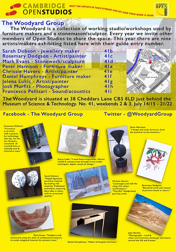 #CamOpenStudios 2018 - 9 artist/makers in one location @ 38 Cheddars Lane CB5 8LD 14/15 July &amp; 21/22 July. Furniture makers, stonework/sculpture, painters, photographer, jewellery maker. no.41 in the COS guide. All welcome!