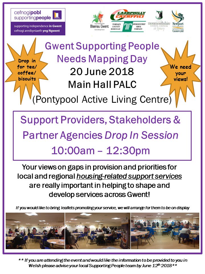 Gwent_HSG's tweet photo. We are holding our Stakeholder Regional Needs Mapping Day on Wednesday 20 June 2018 at Pontypool Active Living Centre from 10am to 12.30pm. This will be your opportunity to meet with the teams &amp; tell us what you think the current gaps in housing-related support provision are. https://t.co/XIp3MwtAhv
