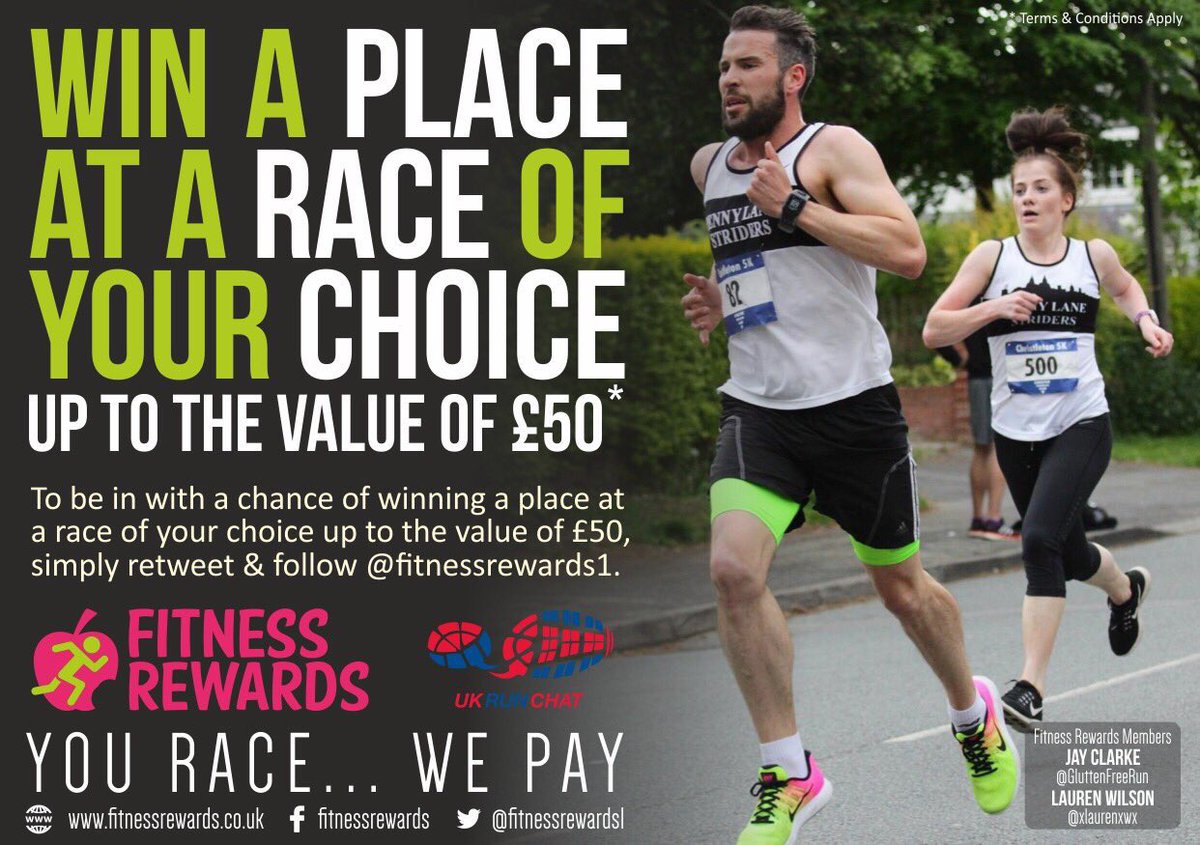 RT this &amp; follow @FitnessRewards1 to win your choice of race place! Great prize. Draw Sunday 9pm after #ukrunchathour #getinvolved #ukrunchat