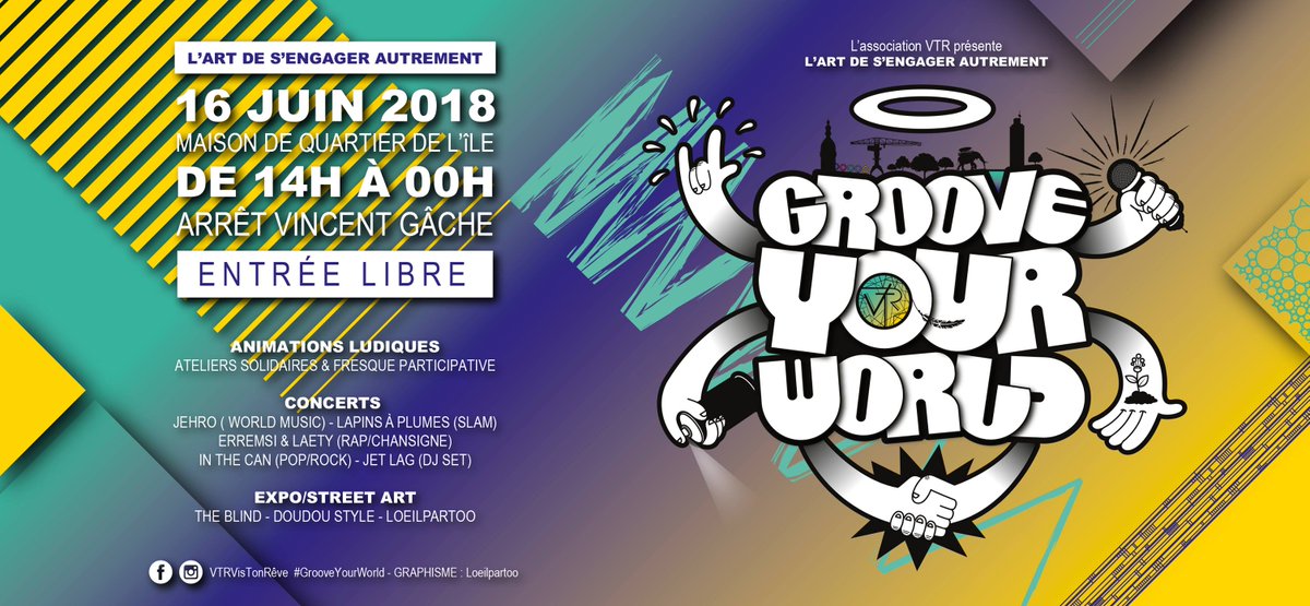 CultureNantes's tweet photo. #Nantes 16/06, Maison de quartier de l'Ile, "Groove Your World #3": l'Art de s'engager autrement... @VTRart invite plein d'artistes: #Expo, #Slam, #Concerts, #DJ ☀️
https://t.co/STTlNFY2YM https://t.co/pLIJE9LwhR