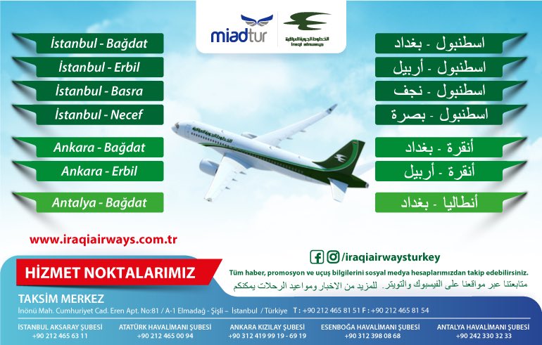 Miadtur's tweet photo. Hızlı ve ekonomik seyahat için https://t.co/r9ts1RQidt ✈ adresini ziyaret ediniz.

İstanbul- #Bağdat
istanbul- #Basra
İstanbul- #Necef
#İstanbul- #Erbil
#Ankara- Erbil
Ankara- Bağdat
#Antalya- Bağdat

#Miadtur, #Irak Havayolları'nın #Türkiye'deki tek resmi #turizm acentasıdır. https://t.co/sFGPkptdgL
