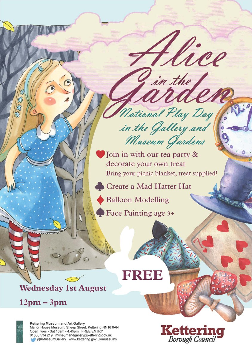 K_Cornerstone_'s tweet photo. Join us on National Play Day Wednesday 1st August in the Gallery and Museum Gardens #Kettering for 'Alice in the Garden' #FREE #family #event with #Balloon #modelling, #Face #painting, Create a #Mad #Hatter #Hat and Decorate your own treat. 12pm - 3pm https://t.co/MM6OVJefrC