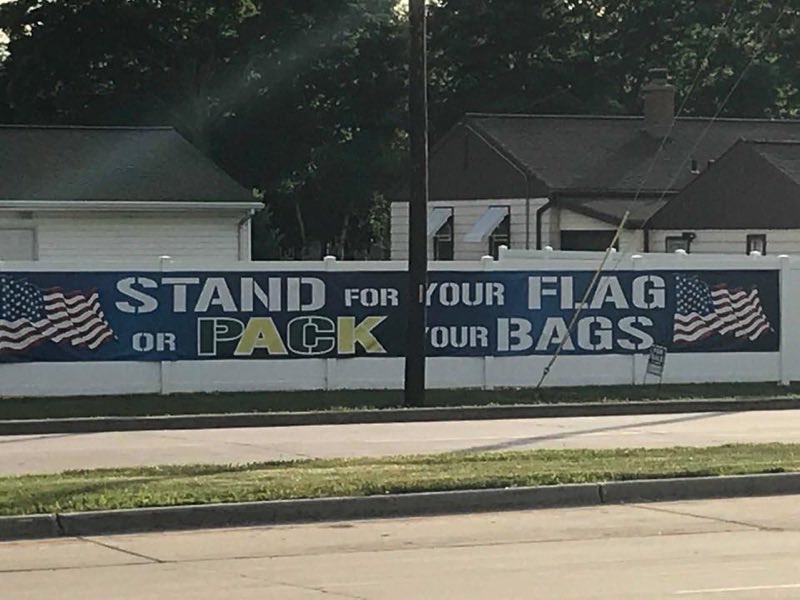 OliverMcGee's tweet photo. Check out the new fence sign across from Lambeau field in Green Bay, Wisconsin! 

I stand for the Flag! https://t.co/QS1AuEUWJe