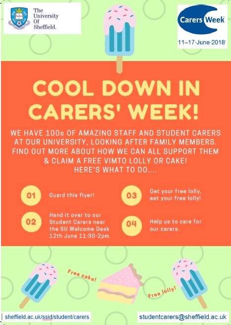 Tomorrow our student carer champions will be in the Students Union to chat to anyone wanting to know more about caring for carers. They’ve got free lollies and cakes for you too if you’ve found one of our orange flyers!

@JuiceSheffield @SheffOutreach