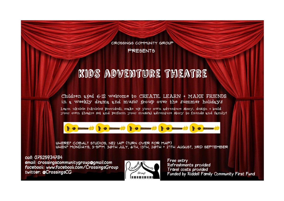 EXCITING NEWS

Kids Adventure Theatre will run on Mondays over summer holidays at <a href="/CobaltStudios_/">Cobalt Studios Ltd</a> 

Kids will learn ukulele, make up their own adventure story and turn this into a piece of magical musical theatre

<a href="/PlatformaArts/">Platforma arts</a>  @WEWAGC <a href="/NERSRefugee/">NERS Refugee Service</a> <a href="/BykerTrust/">BykerCommunityTrust</a> @CFTyneWearNland